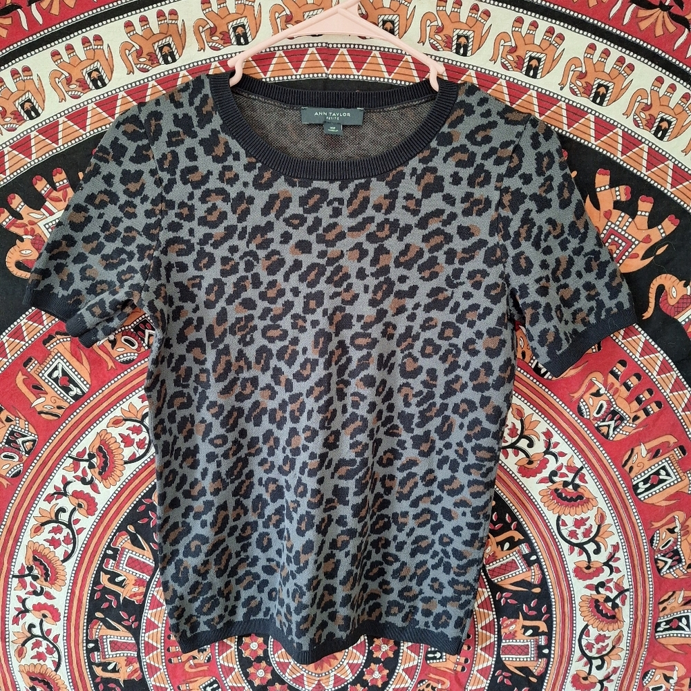 Ann Taylor Petite Leopard Print Short Sleeve Sweater Top Size XS Grey